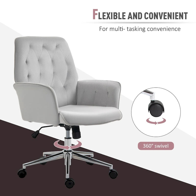 Mid-Back Tufted Velvet Office Chair with Arms, Adjustable Height and Swivel