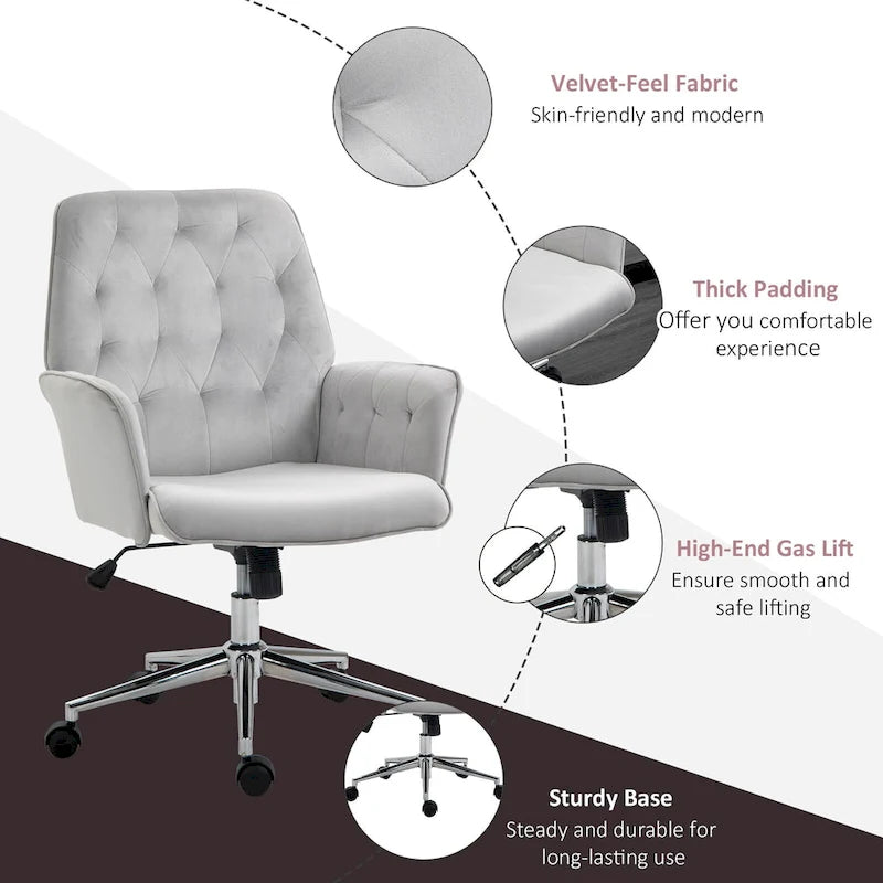 Mid-Back Tufted Velvet Office Chair with Arms, Adjustable Height and Swivel