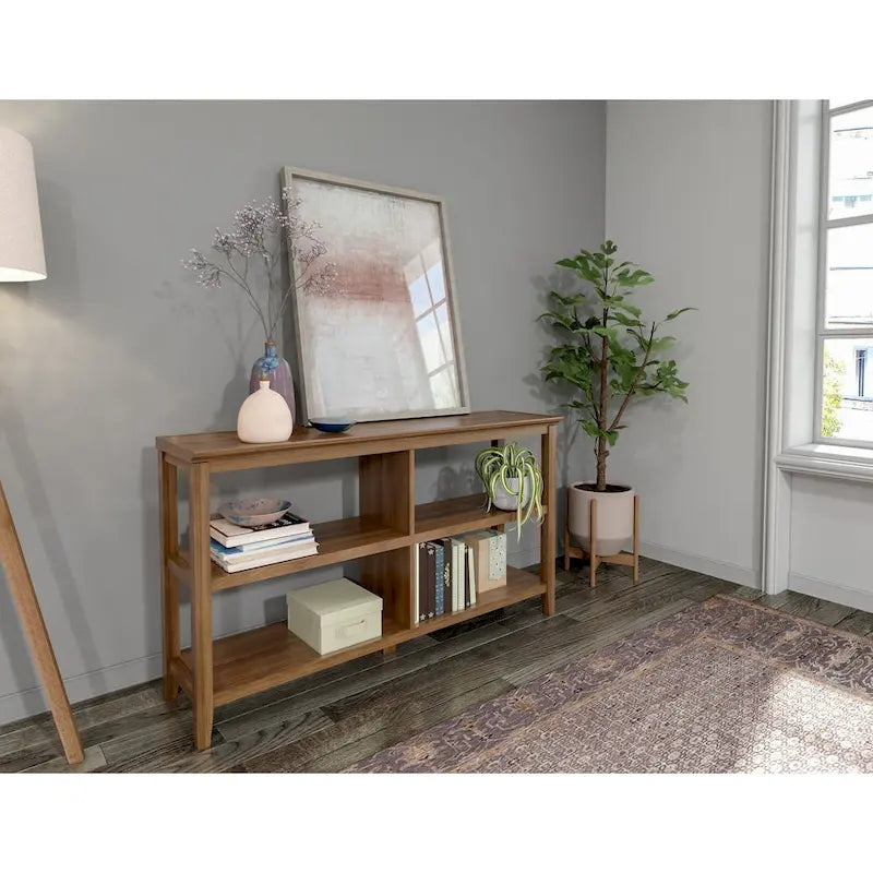 54-Inch Wide Low Wood Bookcase with 2 Shelves, Walnut