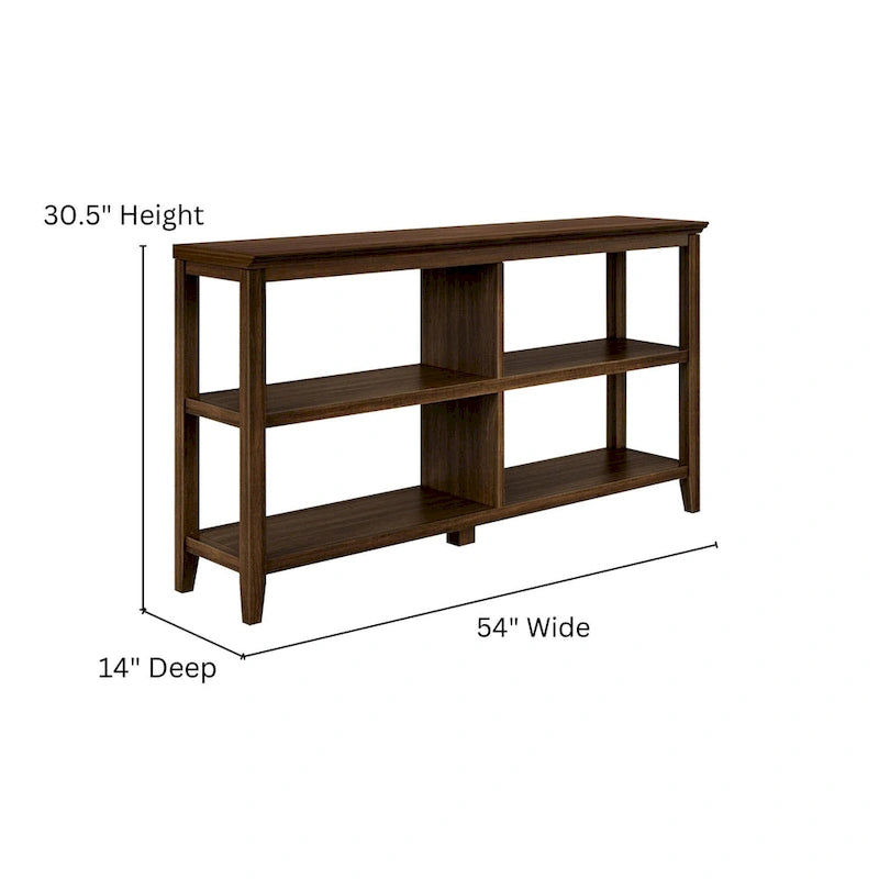 54-Inch Wide Low Wood Bookcase with 2 Shelves, Walnut