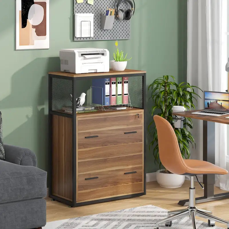 2-Drawer Lockable Lateral File Cabinet with Open Shelves