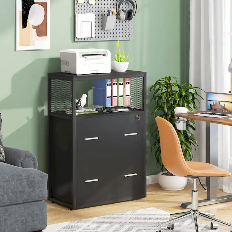 2-Drawer Lockable Lateral File Cabinet with Open Shelves