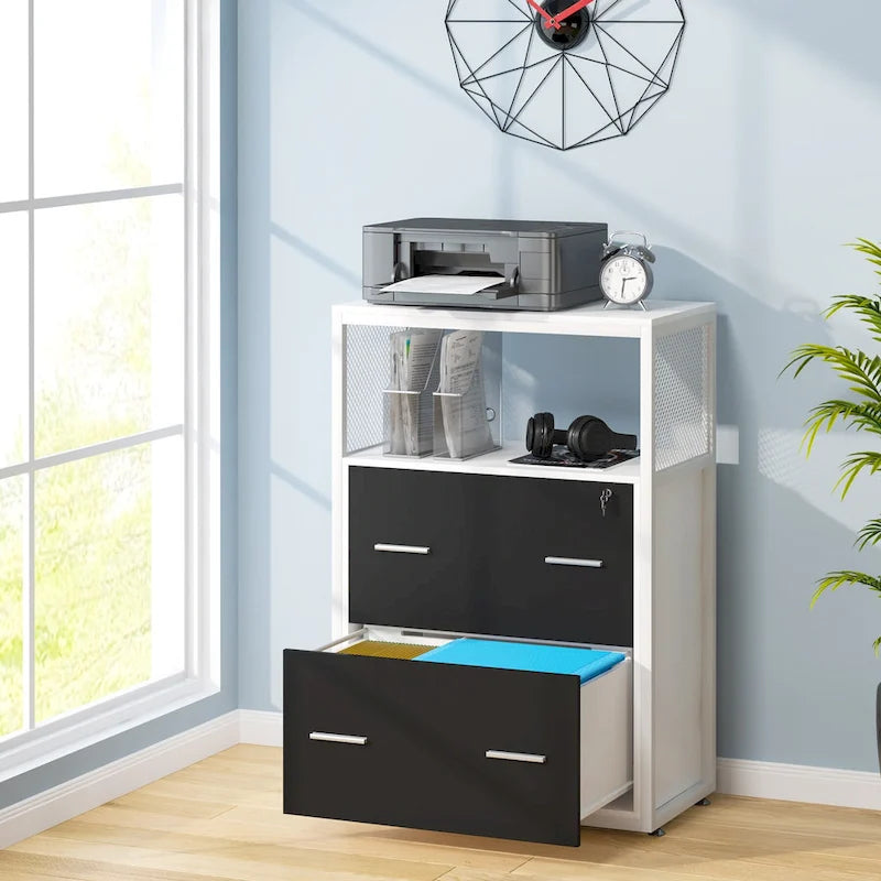 2-Drawer Lockable Lateral File Cabinet with Open Shelves