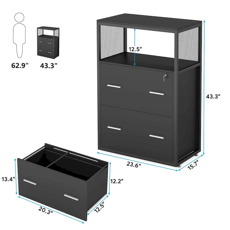 2-Drawer Lockable Lateral File Cabinet with Open Shelves