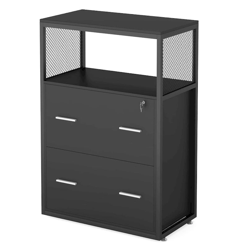 2-Drawer Lockable Lateral File Cabinet with Open Shelves