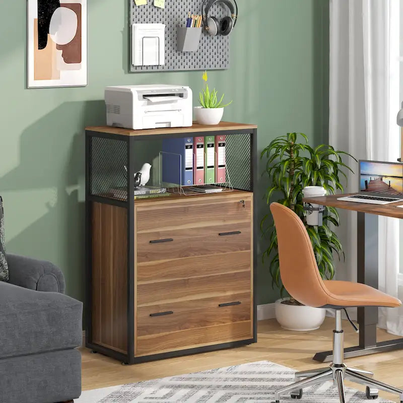 2-Drawer Lockable Lateral File Cabinet with Open Shelves