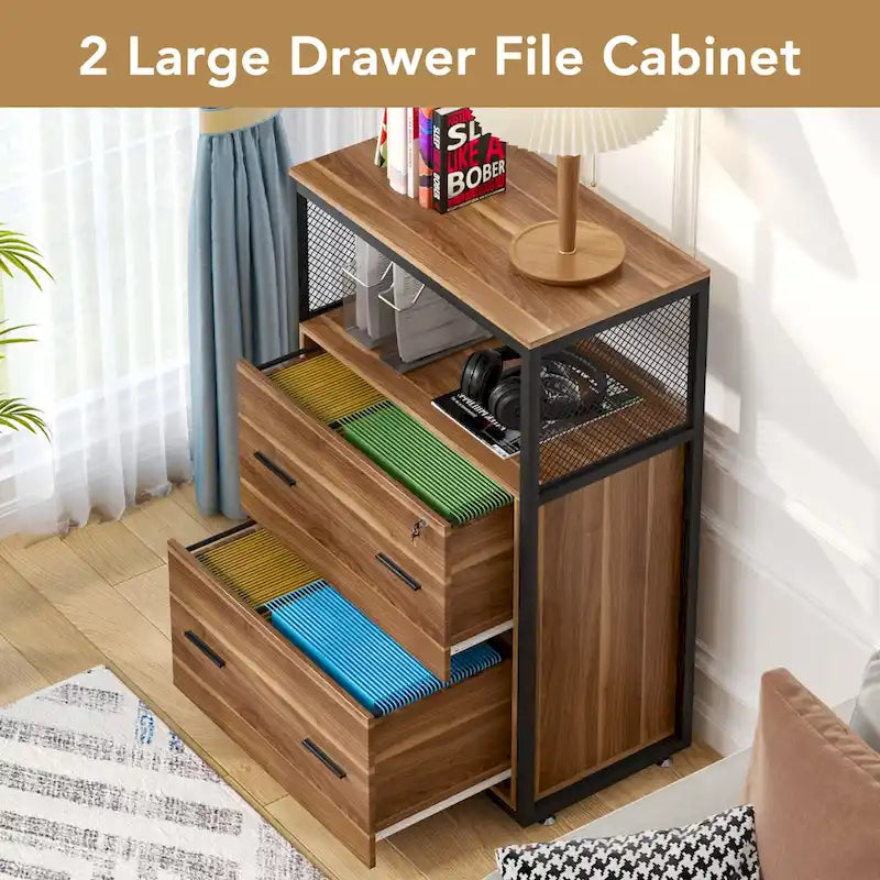 2-Drawer Lockable Lateral File Cabinet with Open Shelves