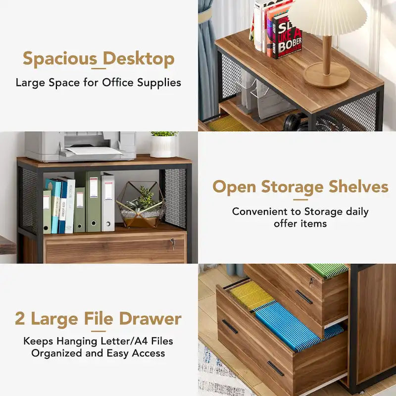 2-Drawer Lockable Lateral File Cabinet with Open Shelves