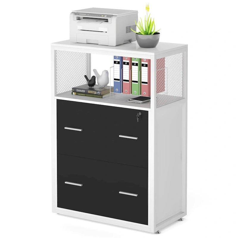 2-Drawer Lockable Lateral File Cabinet with Open Shelves