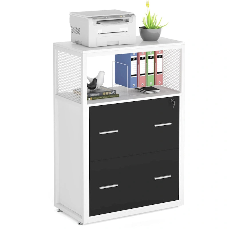 2-Drawer Lockable Lateral File Cabinet with Open Shelves