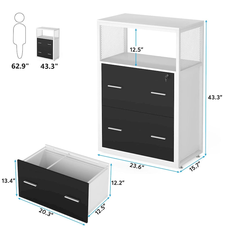 2-Drawer Lockable Lateral File Cabinet with Open Shelves