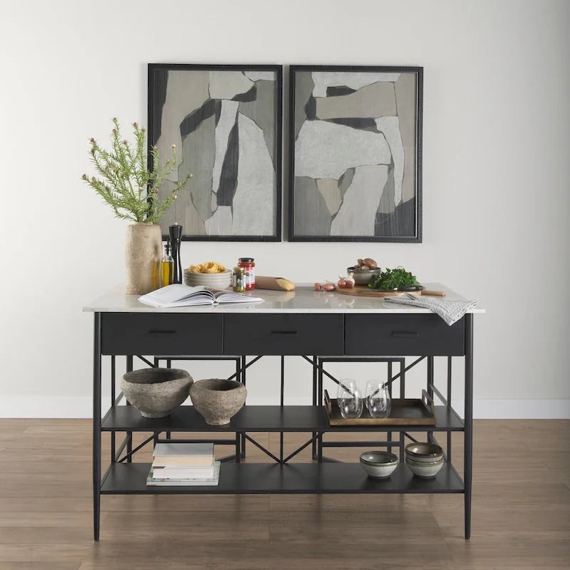 Amika White Solid Marble Top with Black Metal Base Kitchen Island