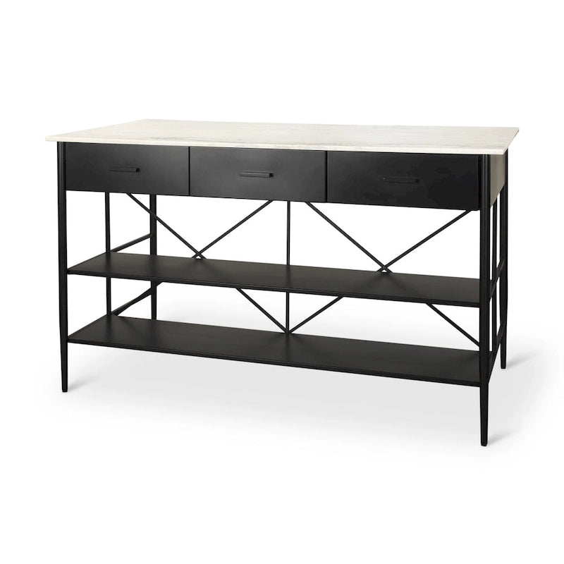 White Marble Kitchen Island with Black Iron Base