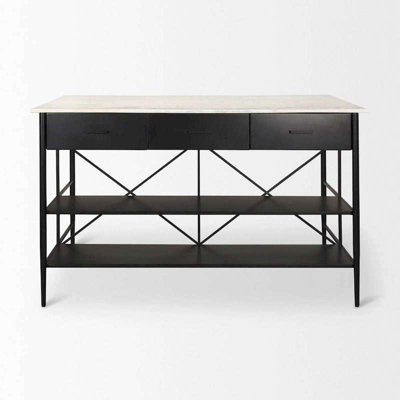 White Marble Kitchen Island with Black Iron Base