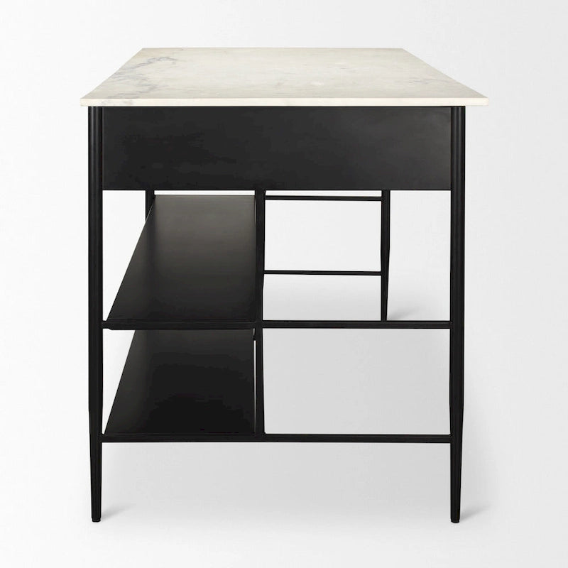 White Marble Kitchen Island with Black Iron Base