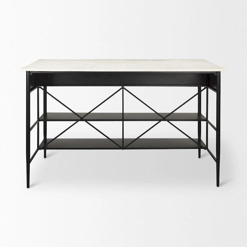 White Marble Kitchen Island with Black Iron Base