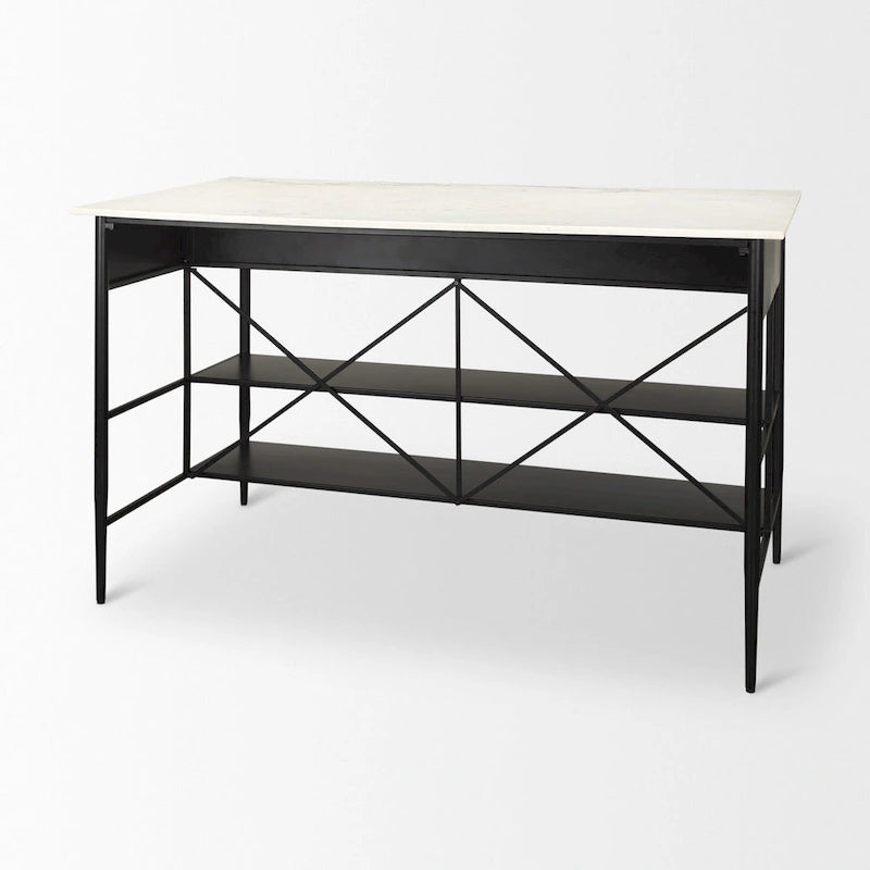 White Marble Kitchen Island with Black Iron Base