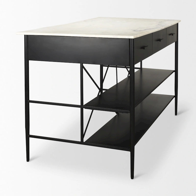 White Marble Kitchen Island with Black Iron Base