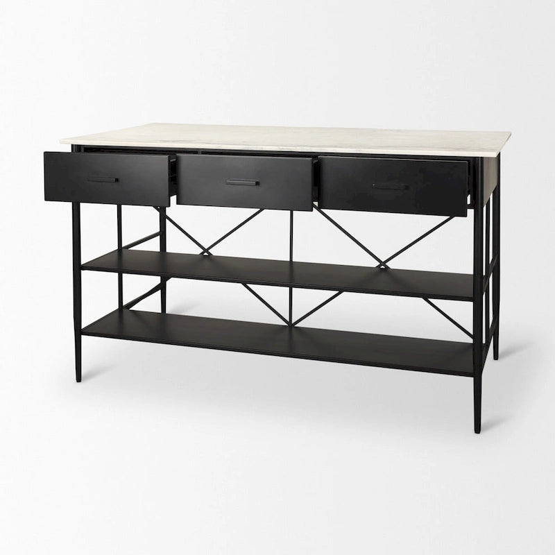 White Marble Kitchen Island with Black Iron Base