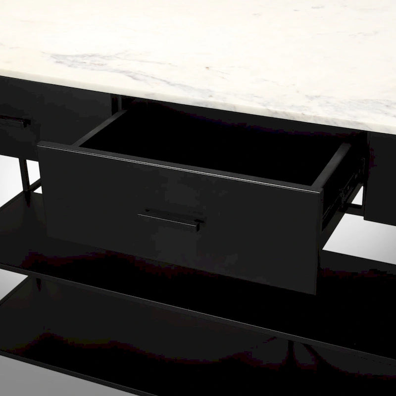White Marble Kitchen Island with Black Iron Base