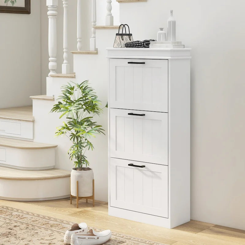 Narrow Shoe Cabinet with 3 Tilt-Out Drawers and Adjustable Shelves