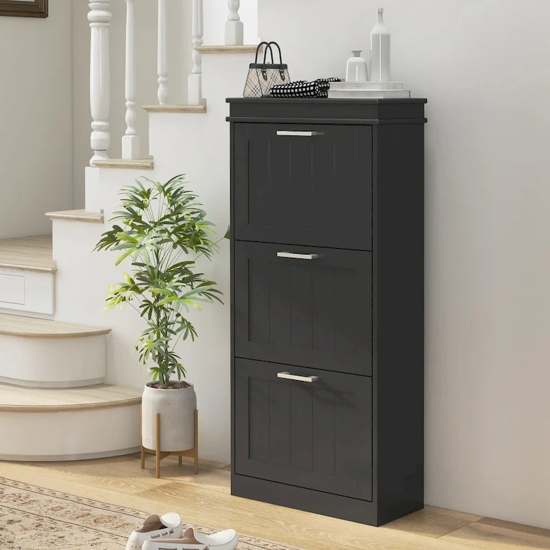 Narrow Shoe Cabinet with 3 Tilt-Out Drawers and Adjustable Shelves