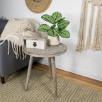 Distressed Gray Round Wooden Side Table with Engraved Top