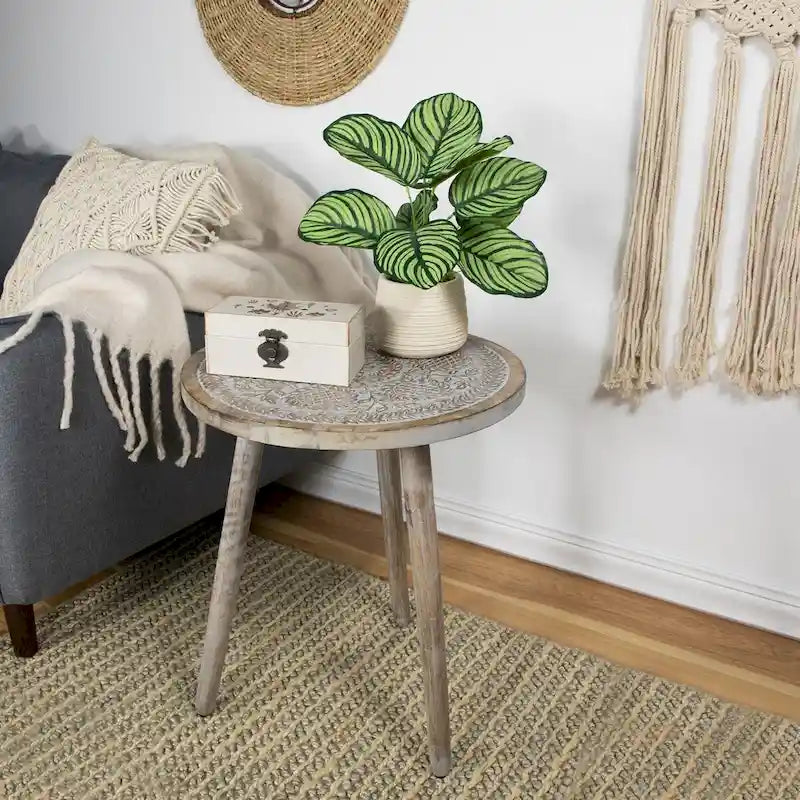 Distressed Gray Round Wooden Side Table with Engraved Top