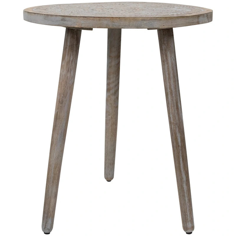 Distressed Gray Round Wooden Side Table with Engraved Top