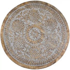 Distressed Gray Round Wooden Side Table with Engraved Top
