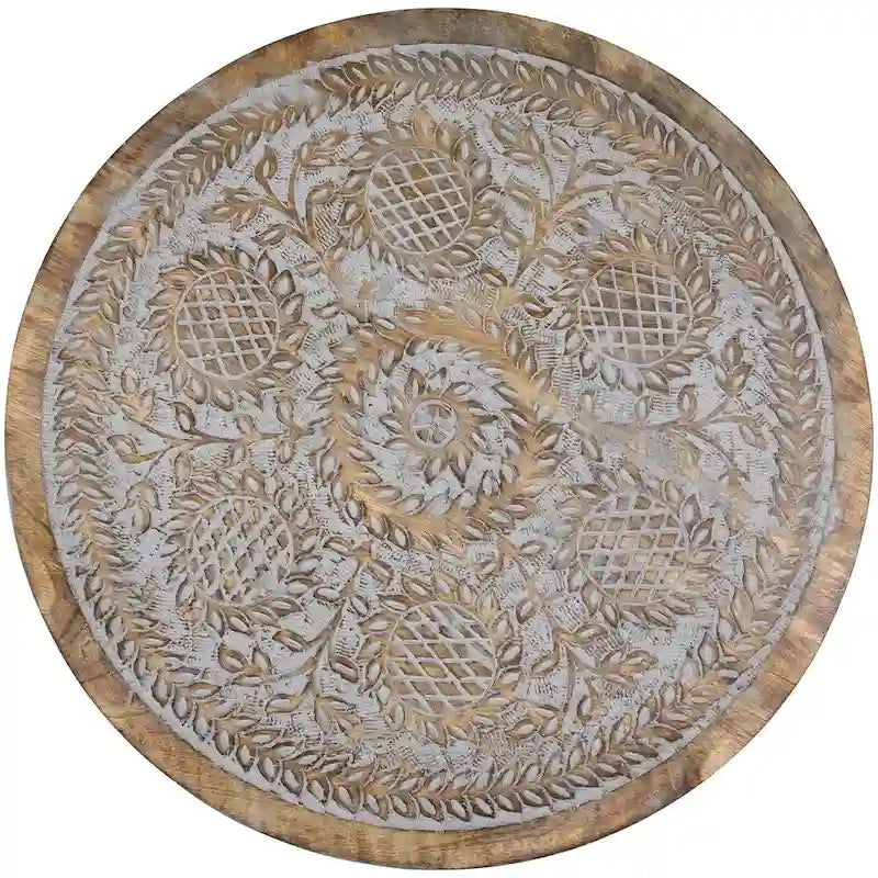 Distressed Gray Round Wooden Side Table with Engraved Top