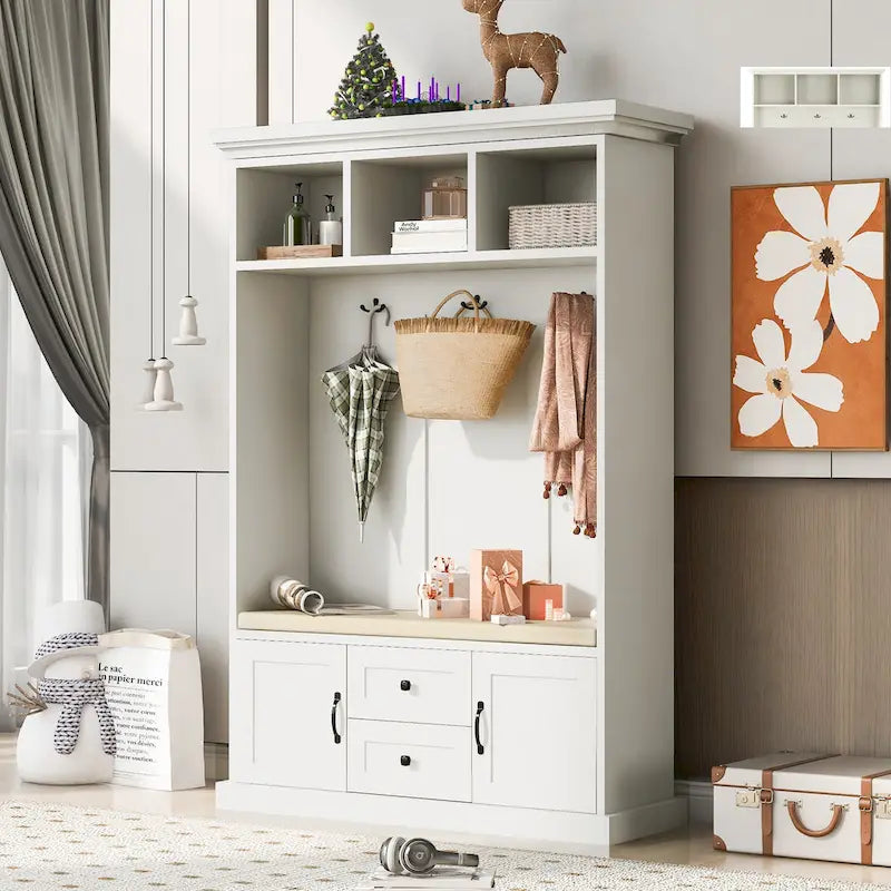 Entryway Hall Tree with Cushioned Bench and Storage