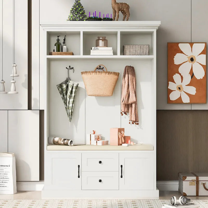 Entryway Hall Tree with Cushioned Bench and Storage