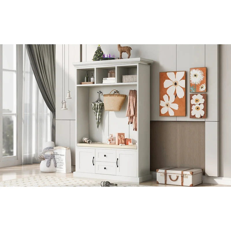 Entryway Hall Tree with Cushioned Bench and Storage