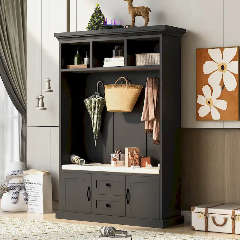 Entryway Hall Tree with Cushioned Bench and Storage