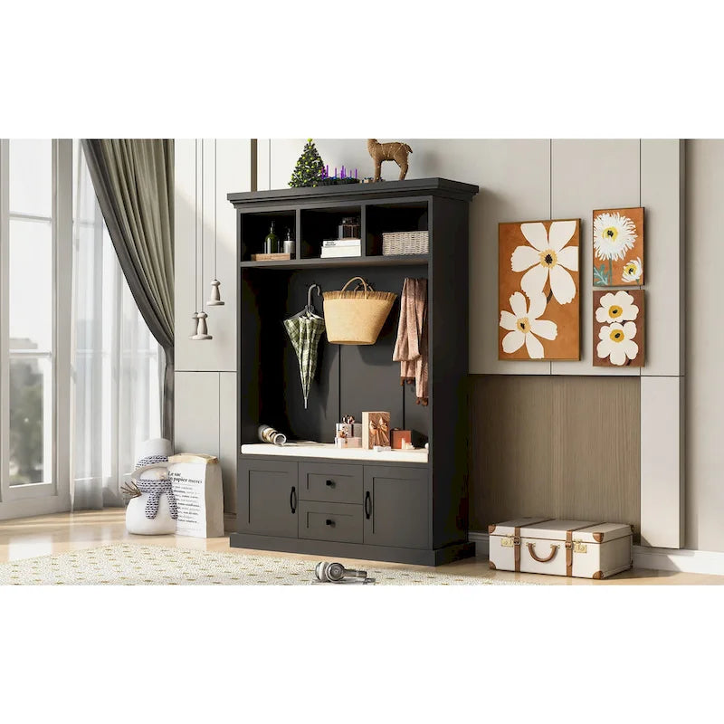 Entryway Hall Tree with Cushioned Bench and Storage