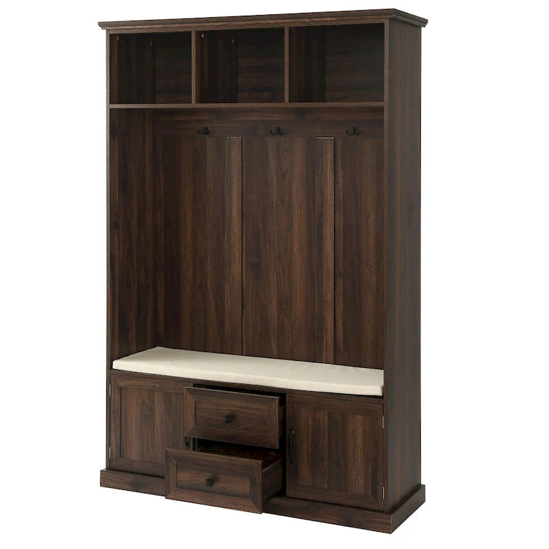 Entryway Hall Tree with Cushioned Bench and Storage