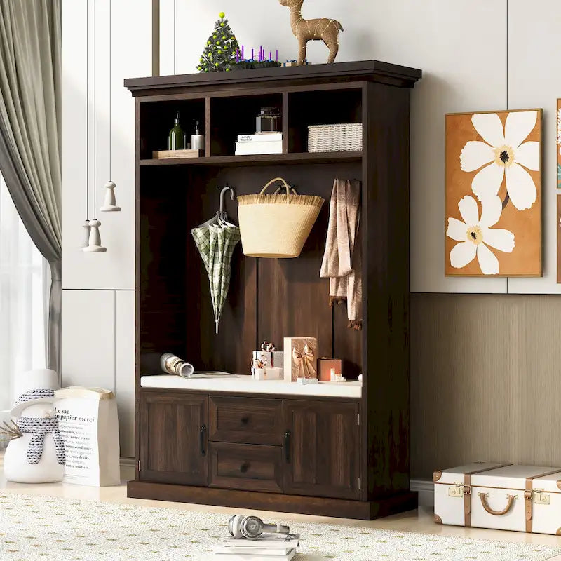 Entryway Hall Tree with Cushioned Bench and Storage