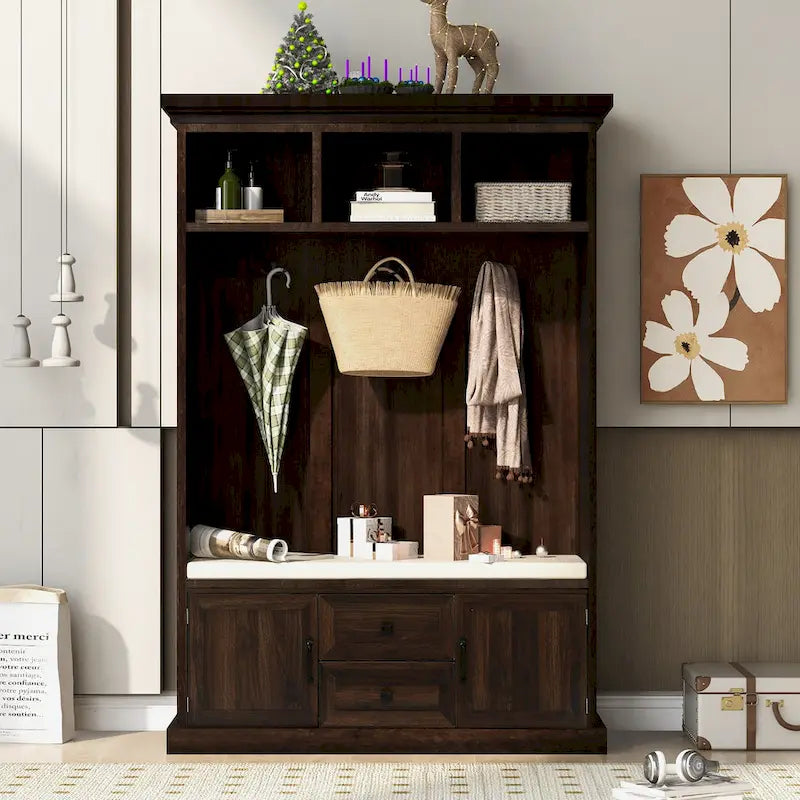 Entryway Hall Tree with Cushioned Bench and Storage