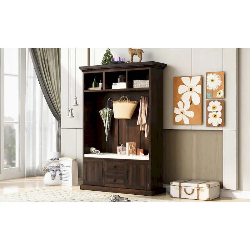 Entryway Hall Tree with Cushioned Bench and Storage