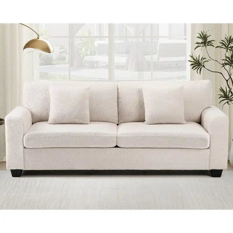 82-Inch White Three-Seater Sofa with Pile Fleece Upholstery