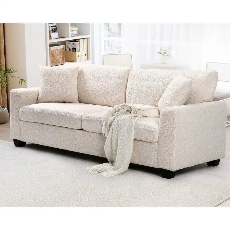 82-Inch White Three-Seater Sofa with Pile Fleece Upholstery