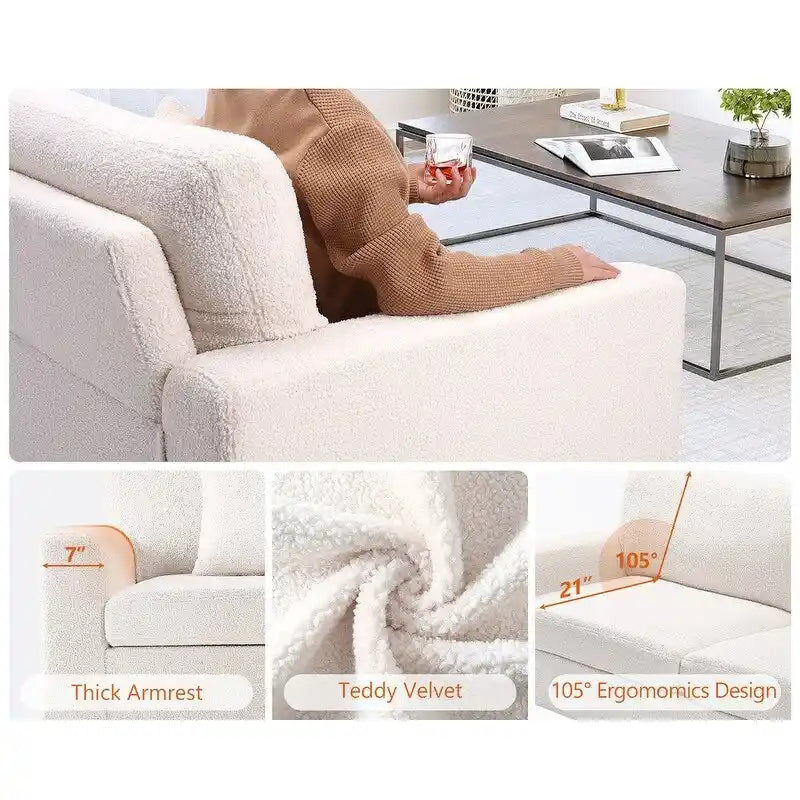 82-Inch White Three-Seater Sofa with Pile Fleece Upholstery