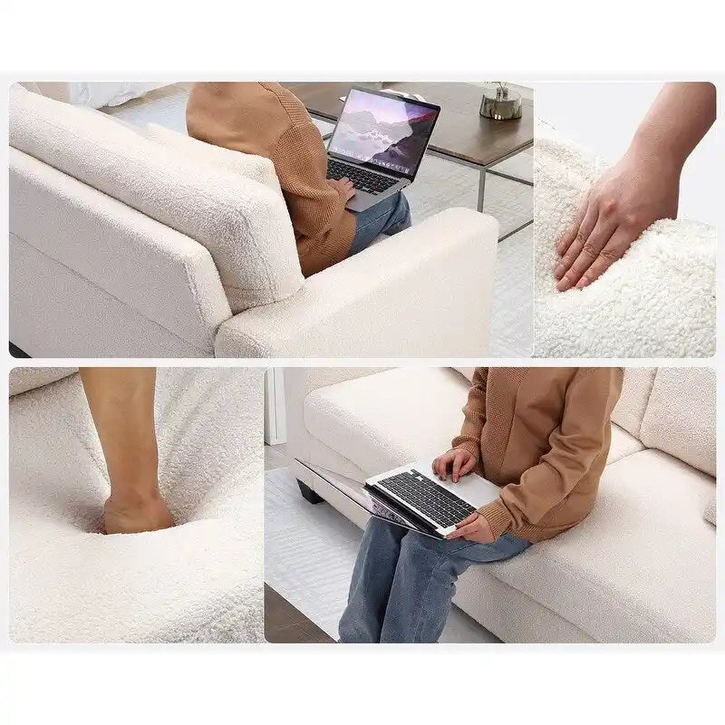 82-Inch White Three-Seater Sofa with Pile Fleece Upholstery