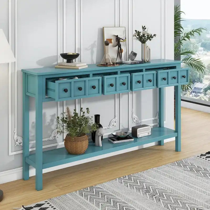 Rustic Entryway Console Table with Drawers and Bottom Shelf