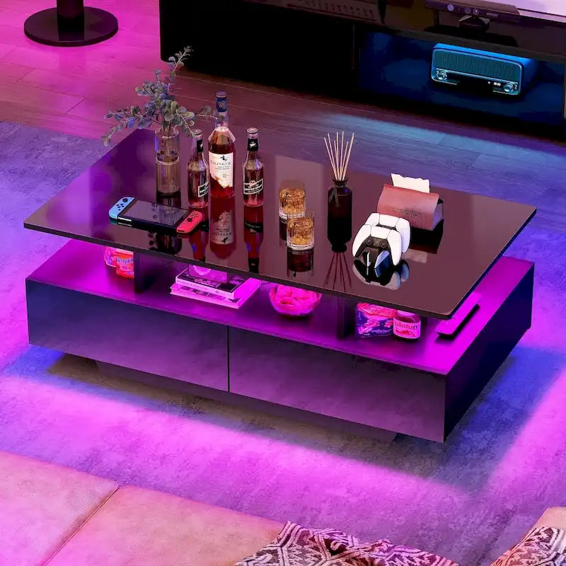 Modern High-Gloss Coffee Table with LED Lights and 4 Drawers
