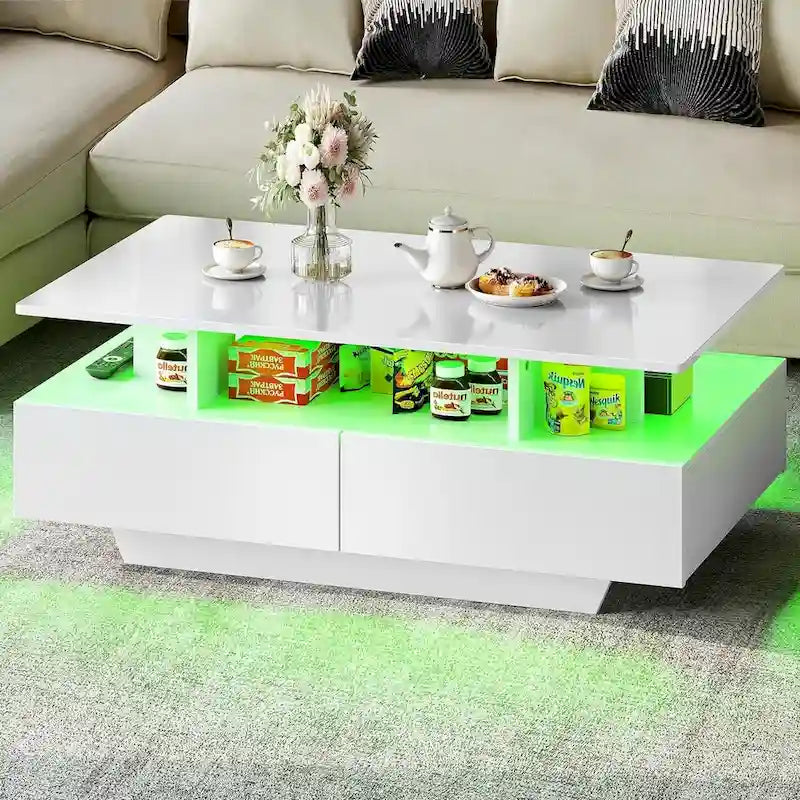Modern High-Gloss Coffee Table with LED Lights and 4 Drawers