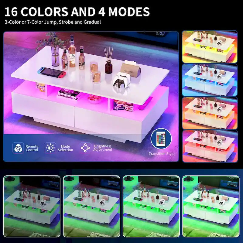 Modern High-Gloss Coffee Table with LED Lights and 4 Drawers