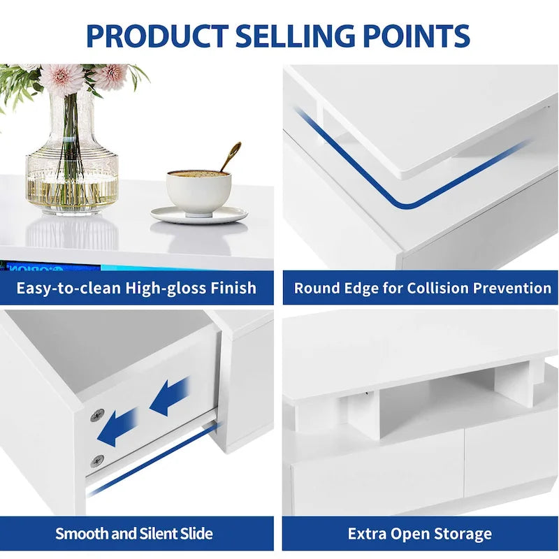 Modern High-Gloss Coffee Table with LED Lights and 4 Drawers