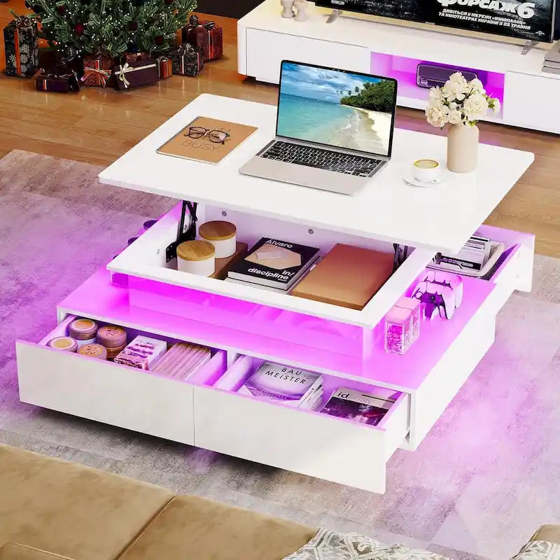 Modern High-Gloss Coffee Table with LED Lights and 4 Drawers